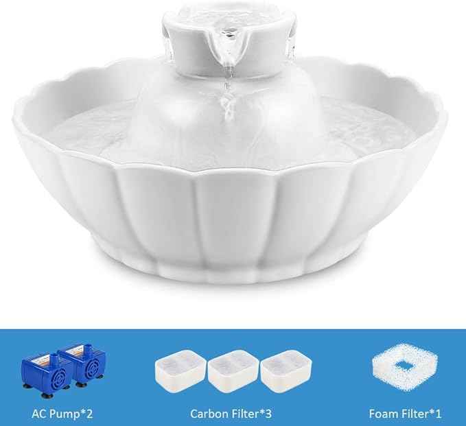 iPettie Tritone Ceramic Cat Water Fountain, Heavy-Duty Waterer for Pets, 2.1 Liters / 2.2 Quart Filtered Water Purifier with Replacement Filters and Foam, White