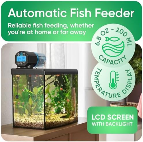 FISHNOSH Automatic Fish Feeder for Aquarium with Digital Thermometer - 2026 Auto Fish Food Dispenser Programmable, Vacation Feeder for Fish, Adjustable Portions, Auto Fish Feeder for Small & Big Tanks