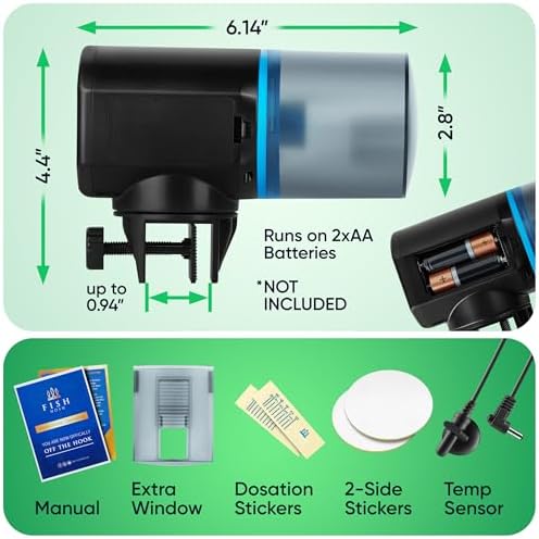 FISHNOSH Automatic Fish Feeder for Aquarium with Digital Thermometer - 2026 Auto Fish Food Dispenser Programmable, Vacation Feeder for Fish, Adjustable Portions, Auto Fish Feeder for Small & Big Tanks