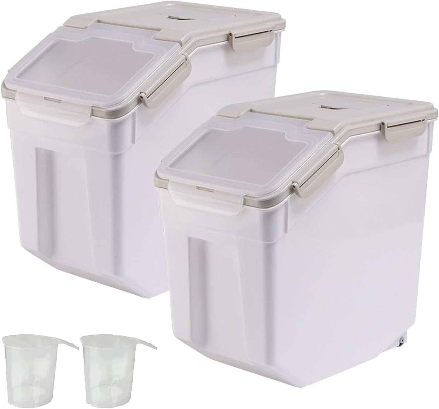 AnRui Rice Storage Container 50LB, Airtight Flour Storage Containers, Plastic Cereal Grain Dispenser Organizer Pet Food Storage Bin with Lid, Measuring Cup, Scoop, Gray, 2Pcs(Total Capacity:100LBS)