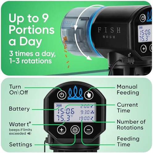 FISHNOSH Automatic Fish Feeder for Aquarium with Digital Thermometer - 2026 Auto Fish Food Dispenser Programmable, Vacation Feeder for Fish, Adjustable Portions, Auto Fish Feeder for Small & Big Tanks