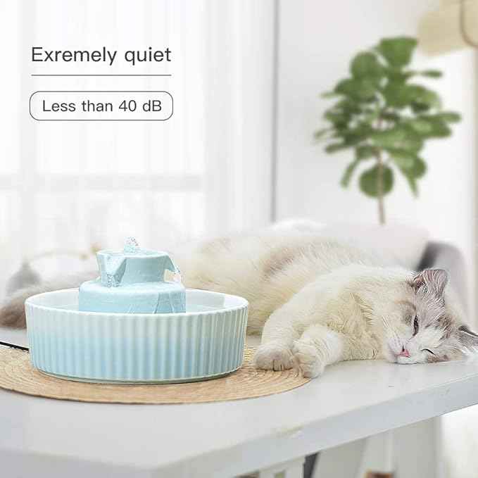 2.1L Ceramic Cat Water Fountain-for Cats and Dogs, 360 Ceramic Pet Fountain-70 Oz Large Water Capacity - Whisper-Quiet Water Flow-Great for Shy or Timid Pets - Fresh, Filtered Water (Blue)