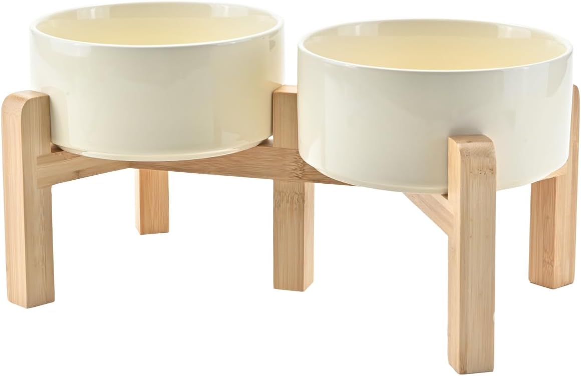 SPUNKYJUNKY Elevated Dog Bowls Ceramic, 6.1'' Dogs and Cat Food Water Bowls Raised with Non-Slip Bamboo Stand for Medium Sized Breed Microwave Dishwasher Safe - 28.7 OZ,Beige