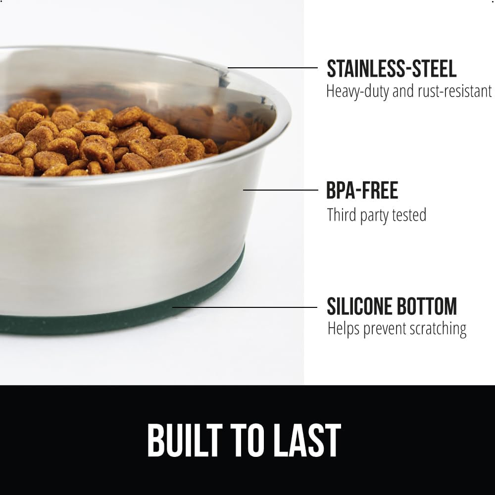 GORILLA GRIP Set of 2 Dog Bowls, Holds 6 Cups (48 fl oz), Heavy Duty Metal Food and Water Bowl for Feeding Dogs and Cats, Dishwasher Safe, Rust Resistant Stainless Steel, BPA Free Rubber Base, Green