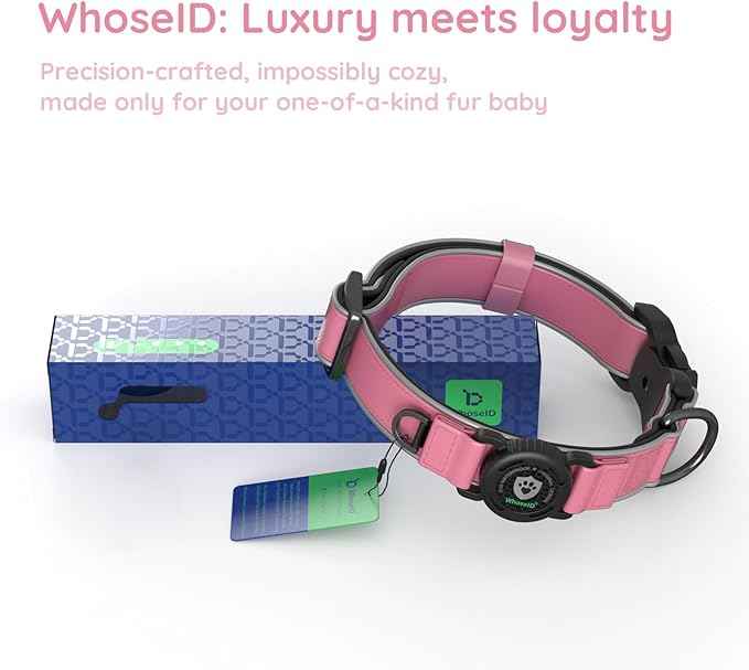 WhoseID Premium Leather Dog Collar - AirTag Dog Collar | Fur-Safe Magnetic Buckle | IPX8 Waterproof Reflective Small Dog Collar with AirTag Holder