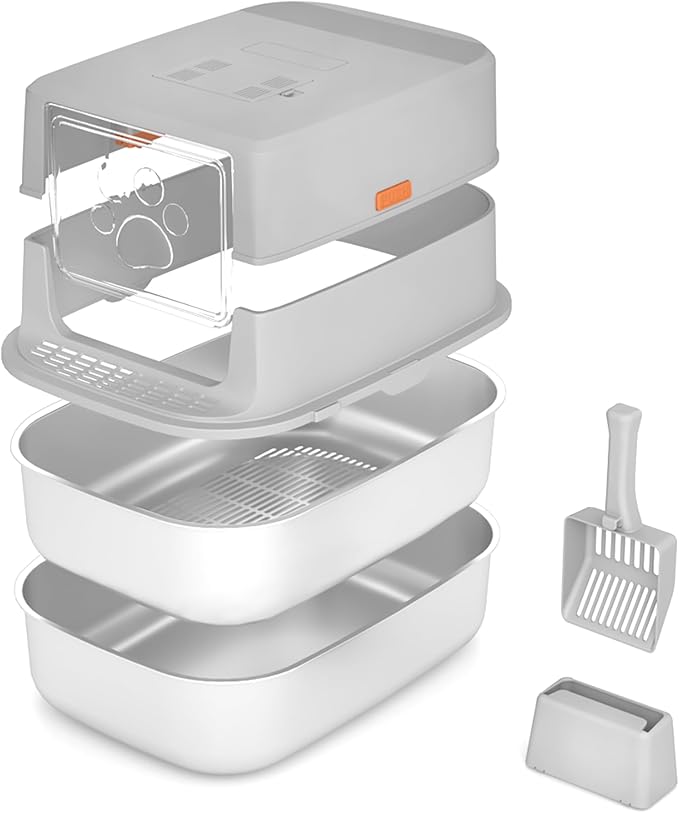 Stainless Steel Sifting Litter Box with Lid, Metal Litter Pan with Scoop for Big Cats Multi Cat, Extra Large Cats Litterbox Odor Control Easy Clean (23 * 15.7 * 16.7inch-Full Enclosed, X-Large)