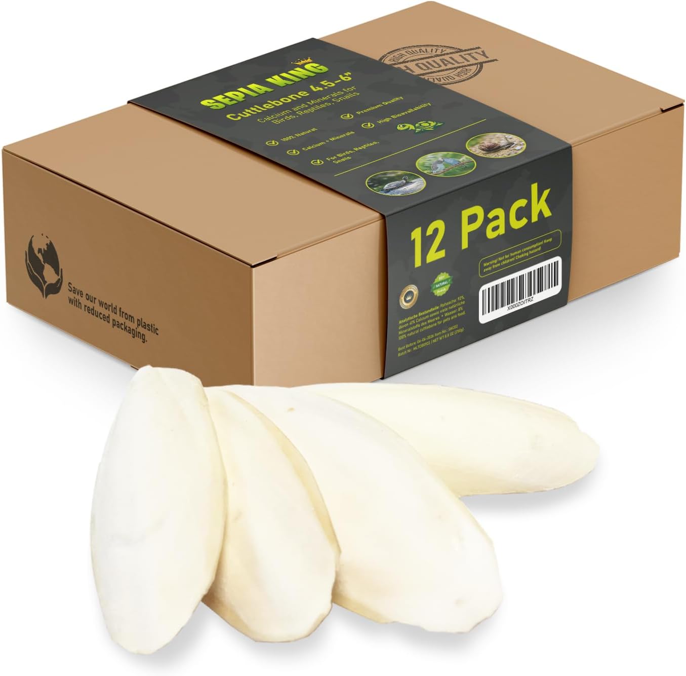 Medium - 100% Natural Calcium Supplement - Premium Cuttlebone Perfect for Birds, Tortoises, Snails, Reptiles - 12 Pack