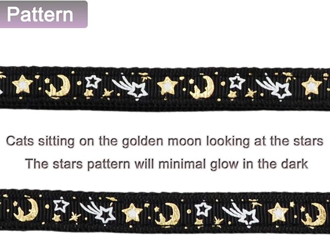 Cat Harness and Leash Set for Outdoor Walking Escape Proof Adjustable Soft Safety Strap with Golden Star and Moon Design Glow in The Dark Black Medium