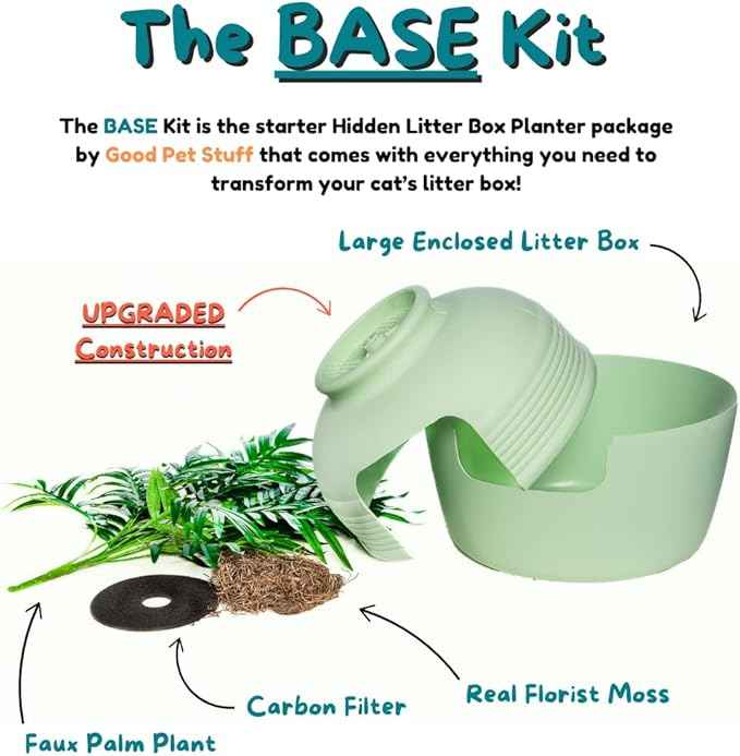 Good Pet Stuff Hidden Litter Box Planter, Decorative Cat Litter Enclosure with Carbon Filter, Artificial Plant, Easy Clean, Improved Design, Round Style, Base Kit, Sage Green