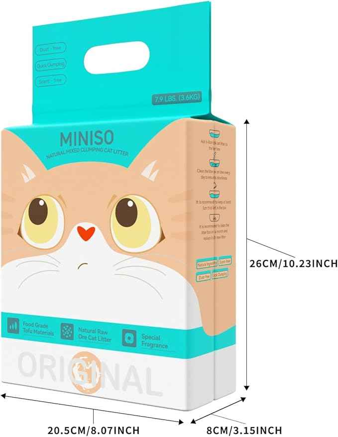 MINISO Clumping Cat Litter, Tofu+Bentonite+Cassava, Odor Control, Rapid Clumping, Water Absorbent and Toilet Flushable, Multi-Cat, Original Style, 15.8lb (2 Pack of 7.9lb Bags)