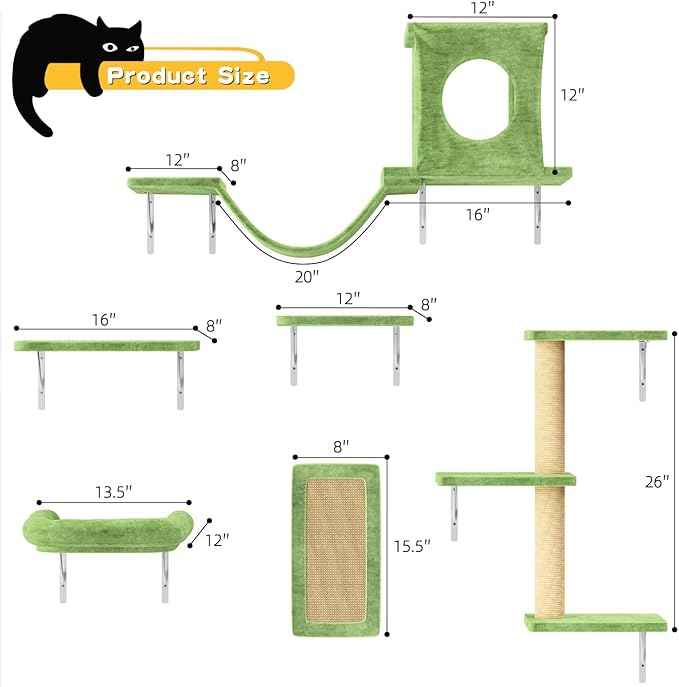 NUNU LAB Wall Mounted Cat Wall Shelves, 12-in-1 Cat Wall Climber with Condos House, Scratching Post, Bridge Ladder, Indoor Space-Saving Furniture for Kittens Play, Green