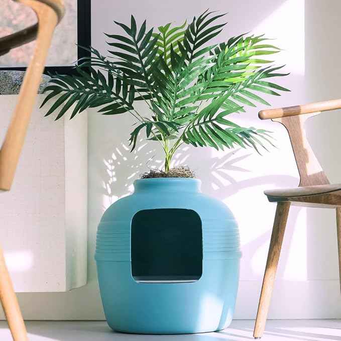 Good Pet Stuff Hidden Litter Box Planter, Decorative Cat Litter Enclosure with Carbon Filter, Artificial Plant, Easy Clean, Removable Liner, Round Style, Essentials Kit, Coastal Blue