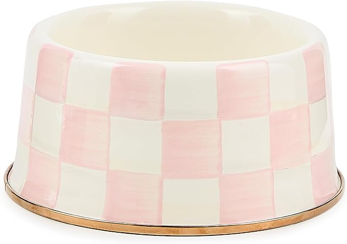 MACKENZIE-CHILDS Enamel Pet Bowl, Cute Cat and Dog Bowl for Food and Water, Medium, Pink-and-White Rosy Check