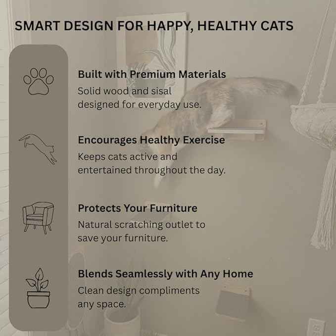 Modern Cat Wall Furniture Set – 5-Piece Hanging Shelves with Macramé Bed, Scratcher & Climbing Steps – Boho Wooden Cat Wall for Indoor Cats