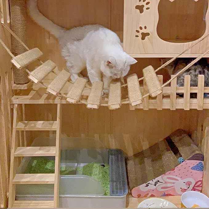 Cat Bridge & Climbing Frame - Sisal Rope Ladder & Scratcher Post for Cat Cage & Tree Tower