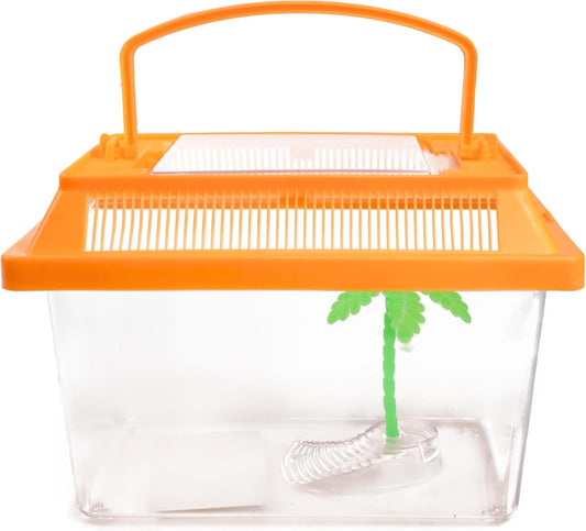 Needzo Mini Neon Plastic Reptile Carrier, Small Terrariums for Hermit Crabs, Lizards, and More with Palm Tree Accessory, Crab Hunting Supplies, Color May Vary, 7 Inches - FurryFun