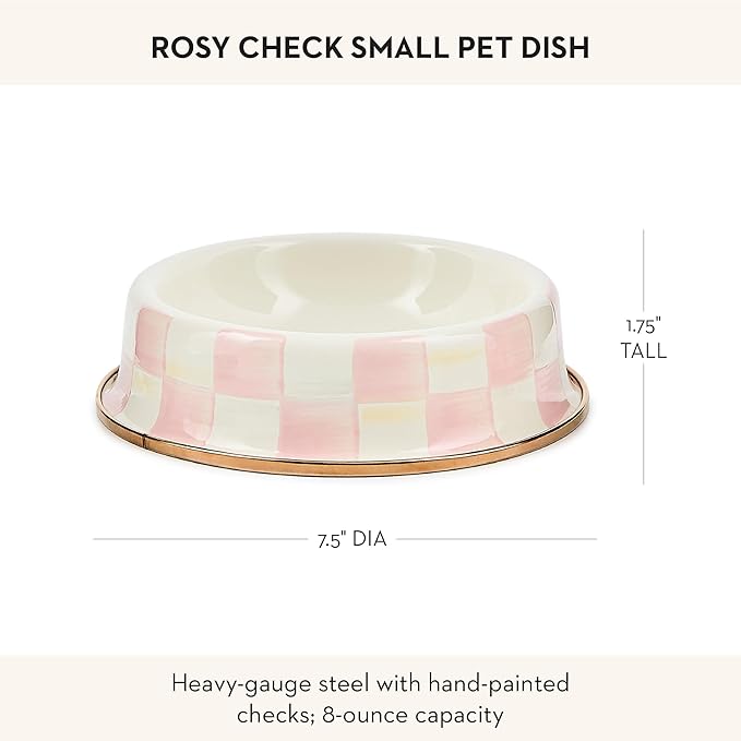 MACKENZIE-CHILDS Enamel Pet Bowl, Cute Cat and Dog Bowl for Food and Water, Small, Pink-and-White Rosy Check
