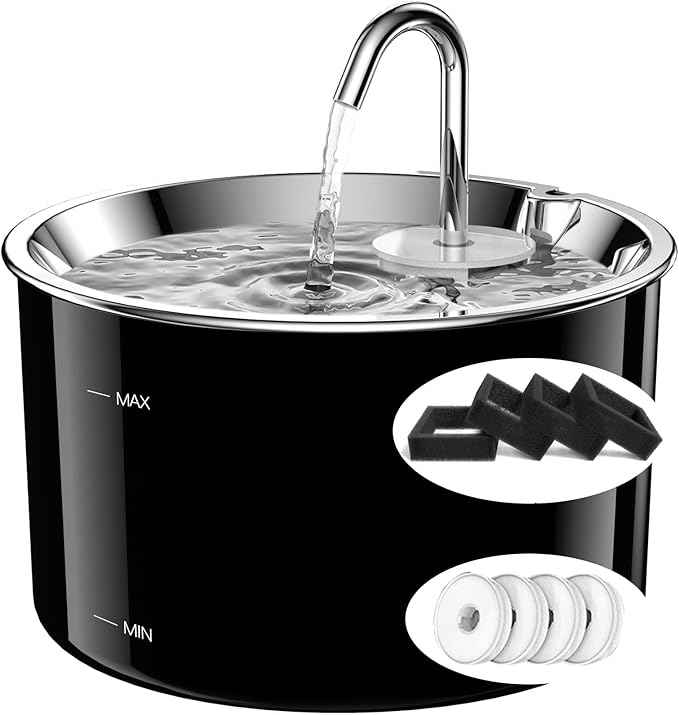 Cat Water Fountain Stainless Steel,3 L/ 101 oz Pet Water Fountain with 5-Stage Circulating Filtration System,Cat Fountain with Quiet Pump for Cats, Dogs (4 Filters + 4 Sponges)