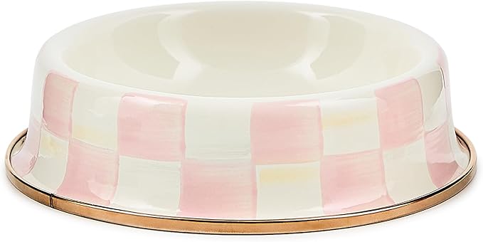 MACKENZIE-CHILDS Enamel Pet Bowl, Cute Cat and Dog Bowl for Food and Water, Small, Pink-and-White Rosy Check