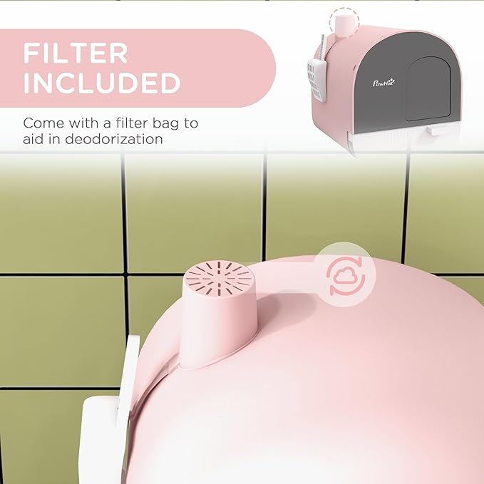 PawHut Cat Litter Box with Lid, Covered Litter Box for Indoor Cats with Tray, Scoop, Mat, Filter, 17" x 17" x 18.5", Pink