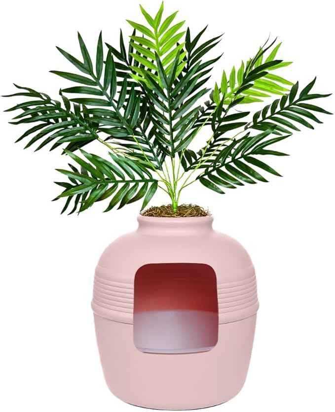 Good Pet Stuff Hidden Litter Box Planter, Decorative Cat Litter Enclosure with Carbon Filter, Artificial Plant, Easy Clean, Removable Liner, Round Style, Essentials Kit, Blush Pink