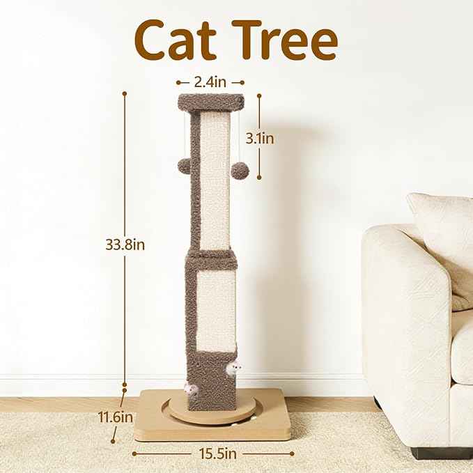 Tall Cat Scratching Post for Large Cats Kittens, 33" Indoor Sisal Vertical Pole Heavy Duty Square Structure with 4 Interactive Mouse Holes and Track Ball Base, Shields Furniture from Scratches
