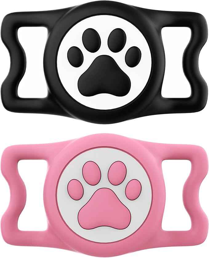 IP68 Waterproof Compatible with AirTag Dog Collar Holder, Silicone Dog for Airtag Holder for Apple AirTags (Black&Pink)