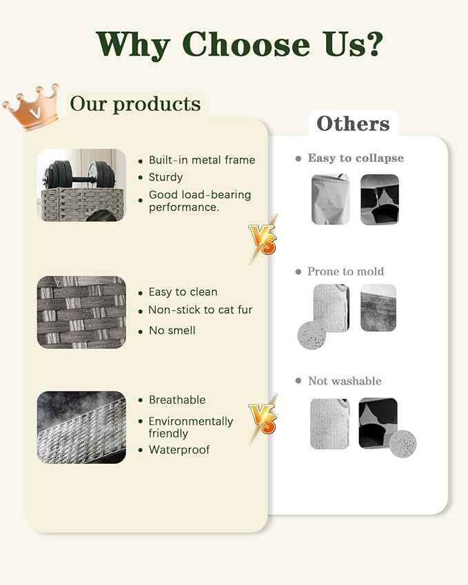 Cat House for Indoor Cat, Large Double Cat Houses Cat Bed Cave, Handwoven Rattan Pet Beds with One Soft Pad, 17 x 17 x 17 Inches Foldable Kitten Hideaway in Living Room Gray