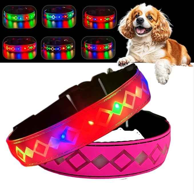LED Dog Collar with AirTag Holder and Custom ID Tag, 15 Light Modes, Waterproof, Multiple Colors (Pink Pro, L(15.7-19.7"))