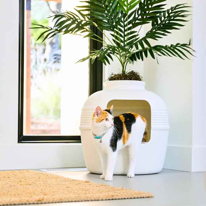 Good Pet Stuff Hidden Litter Box Planter, Decorative Cat Litter Enclosure with Carbon Filter, Artificial Plant, Easy Clean, Removable Liner, Round Style, Essentials Kit, Classic White