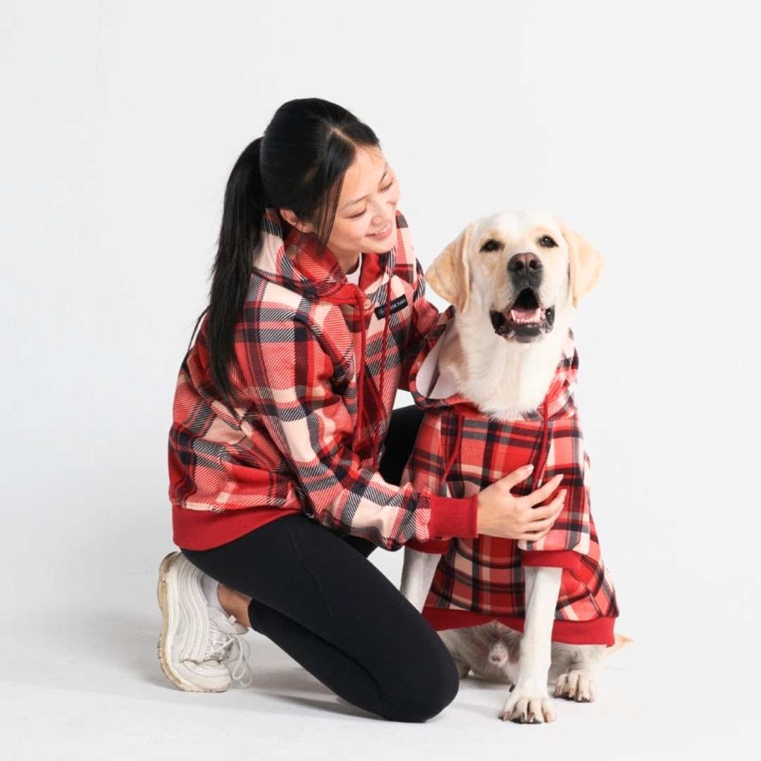 Spark Paws Dog Hoodie – Premium Dog Sweater for Small, Medium, and Large Dogs | Warm Outfits for French Bulldogs, Pitbull, Puppy, Winter Jacket Alternative - Red Plaid, 3XL