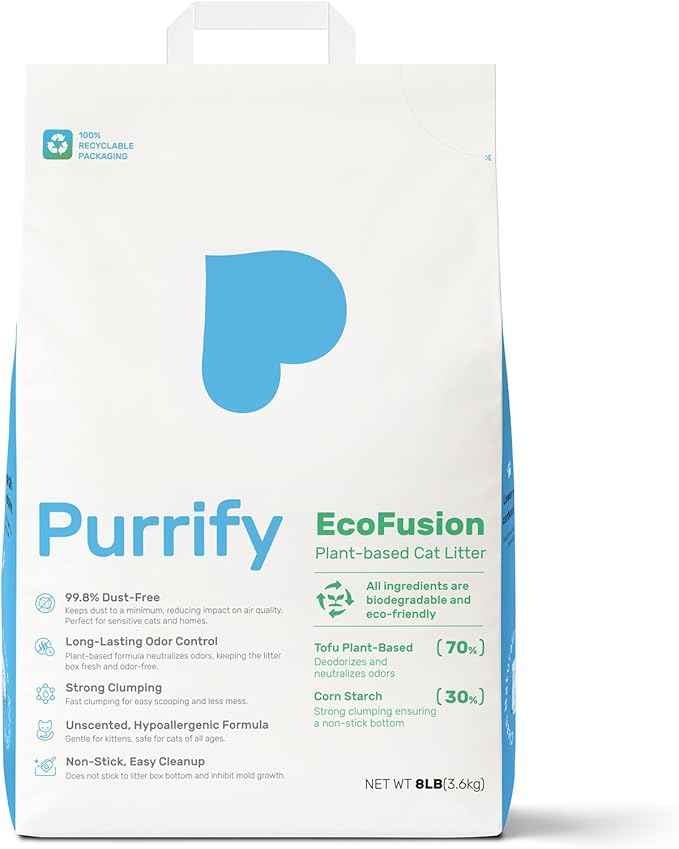EcoFusion Cat Litter (8lb) – Plant-Based Tofu & Corn Formula, 99.8% Dust-Free, Fast Clumping, Hypoallergenic, Long-Lasting Odor Control, for Multi-Cat Homes