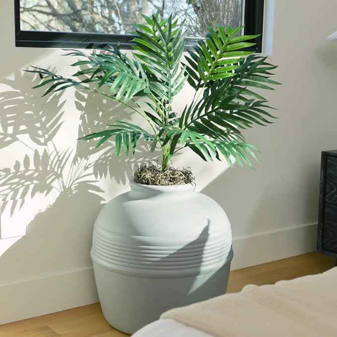 Good Pet Stuff Hidden Litter Box Planter, Decorative Cat Litter Enclosure with Carbon Filter, Artificial Plant, Easy Clean, Removable Liner, Round Style, Essentials Kit, Pebble Gray