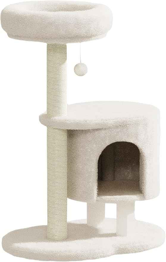 Cat Tree, 34.3 Inches Cat Tower with Scratching Post, Condo, Interactive Hanging Ball, Plush Perch for Indoor Large Cats, Beige
