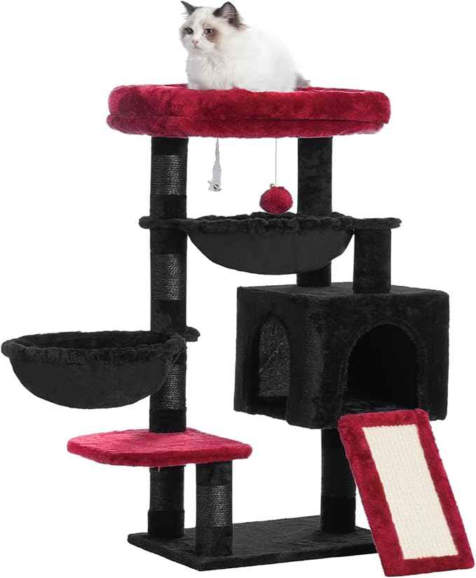 Hey-brother Gothic Cat Tree, Cat Tower for Indoor Cats, Cat House with Large Padded Bed, Cozy Condo, Hammocks, Sisal Scratching Posts, Big Scratcher, Black and Red MPJ006SBR