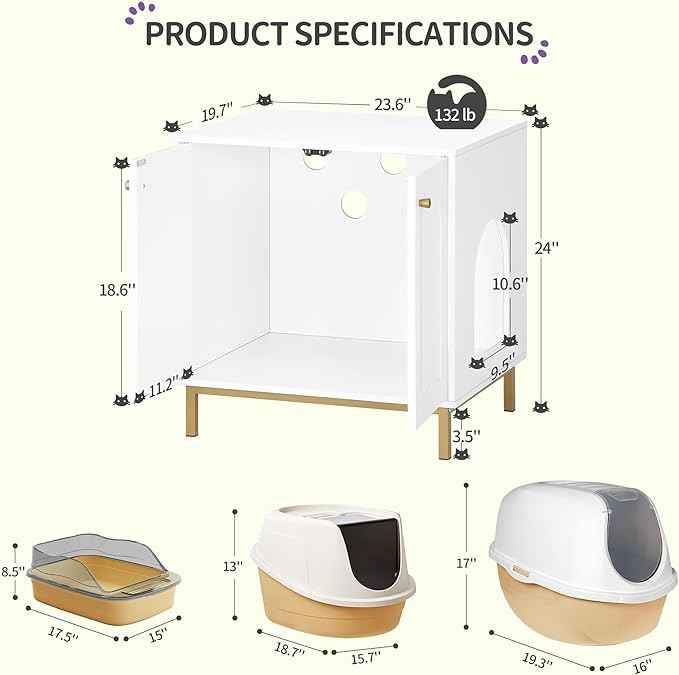 Cat Litter Box Enclosure, Hidden Litter Box Furniture Cabinet, Wooden Indoor Cat House, Side End Table, Living Room, Bedroom, White and Gold CB81203G