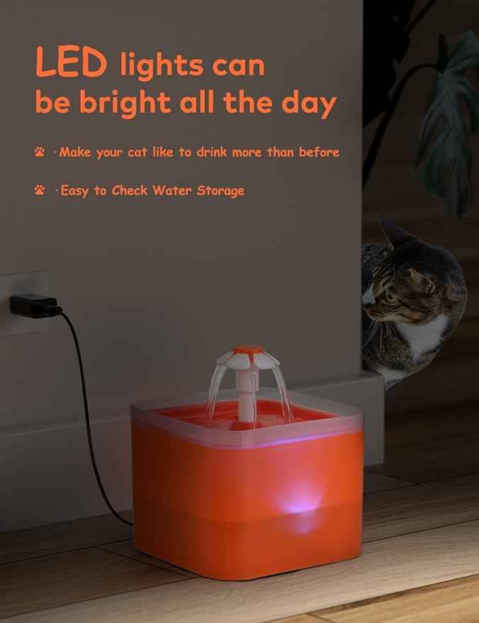 Cat Water Fountain Orange Cute: Waterfall Cat Fountain with Led Light - 67oz/2L Quiet Water for Cats Drinking Fountain - Pet Water Fountain for Cats Inside -AONBOY Filtered Water Supplies for Cats