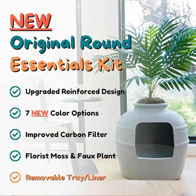 Good Pet Stuff Hidden Litter Box Planter, Decorative Cat Litter Enclosure with Carbon Filter, Artificial Plant, Easy Clean, Removable Liner, Round Style, Essentials Kit, Pebble Gray