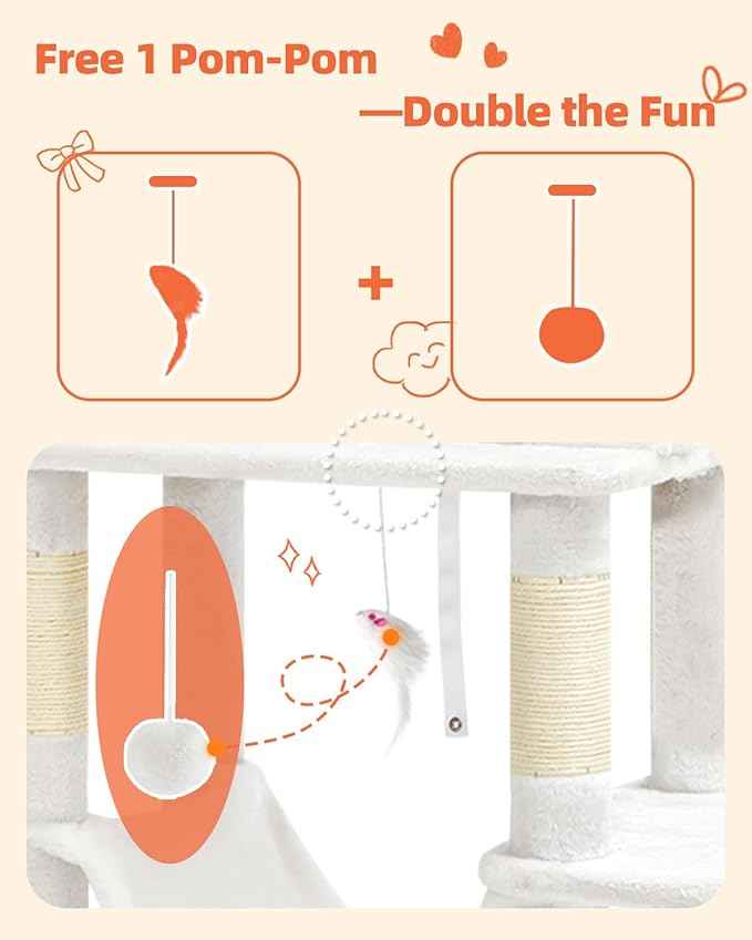 Taoqimiao Cat Tree, 66.2-Inch Cat Tower for Indoor Cats, Plush Multi-Level Cat Condo with 12 Scratching Posts, 2 Perches, 2 Caves, Hammock, 2 Pompoms, Cream White MS013C