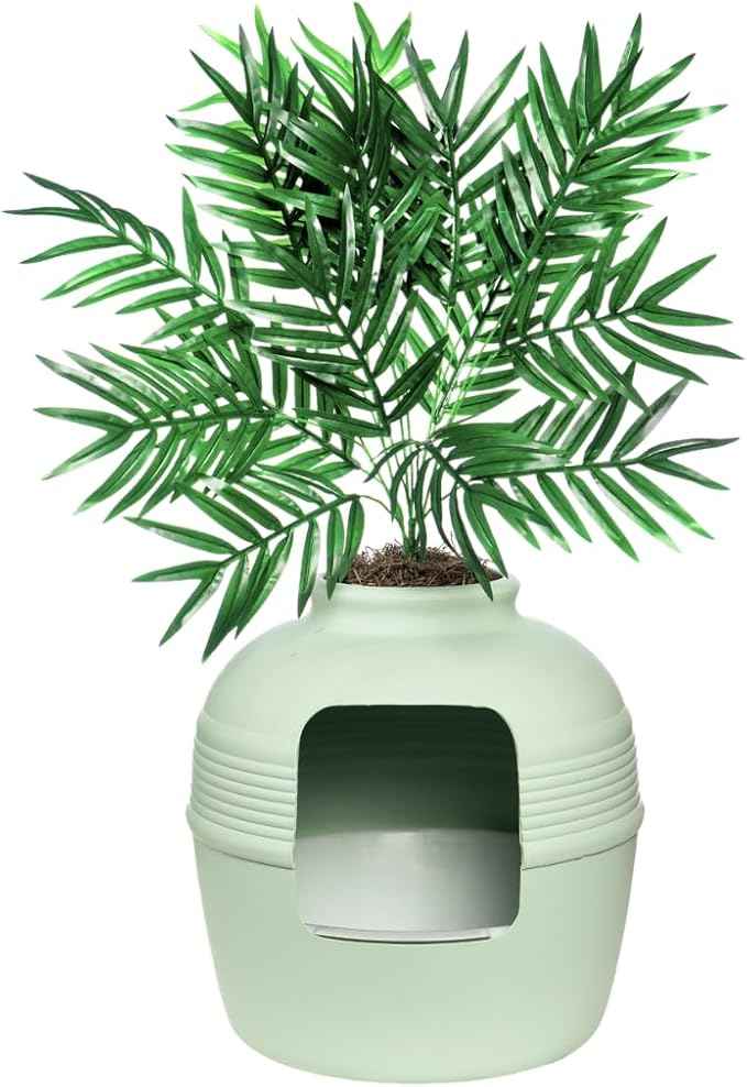 Good Pet Stuff Hidden Litter Box Planter, Decorative Cat Litter Enclosure with Carbon Filter, Artificial Plant, Easy Clean, Indoor Design, Original Round Style, Essentials Kit, Seagrass Green