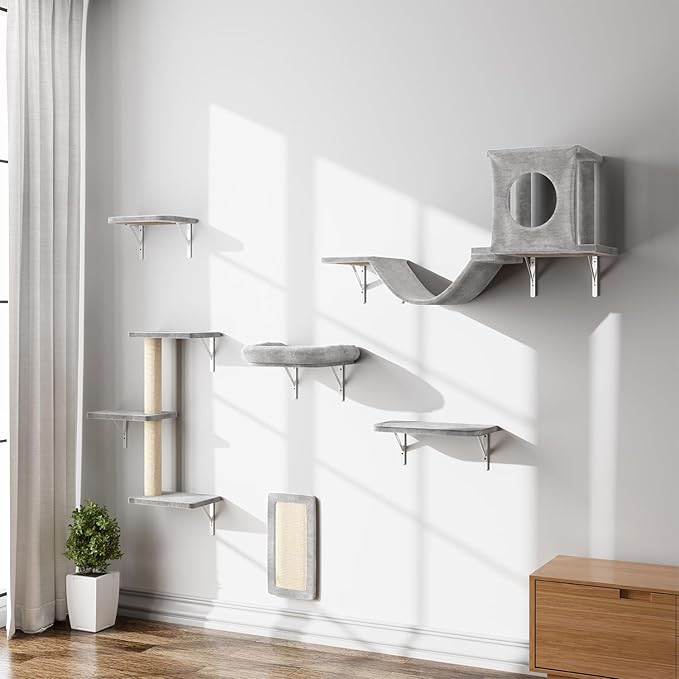 NUNU LAB Cat Wall Shelves, Cat Walls Mounted Climber Set, 6-in-1 Cat Climbing Furniture, Cat Scratching Post, Cat House, Cat Bridge, Cat Steps, Cat Climb Board & Cat Hammock, for Indoor Drywall, Gray