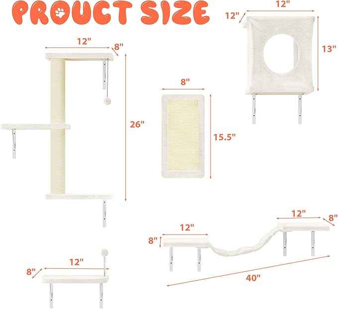 NUNU LAB Wall Mounted Cat Wall Shelves, 10-in-1 Cat Wall Climber with Kitten House, Bridge, Steps, Scratcher, Indoor Space-Saving Furniture for Kittens Play, Beige