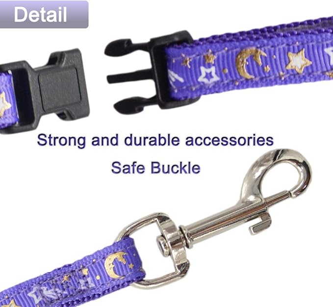 Cat Harness and Leash Set for Outdoor Walking Escape Proof Adjustable Soft Safety Strap with Golden Star and Moon Design Glow in The Dark Purple