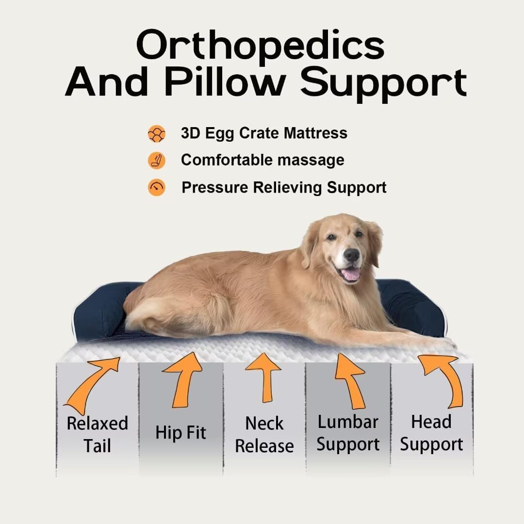 Large Dog Bed Orthopedic Washable | Beds Bolster Pet | XL Large Big Dogs | Memory Foam Couch Sofa | Waterproof with Removable Cover | Navy Blue Dog Bed
