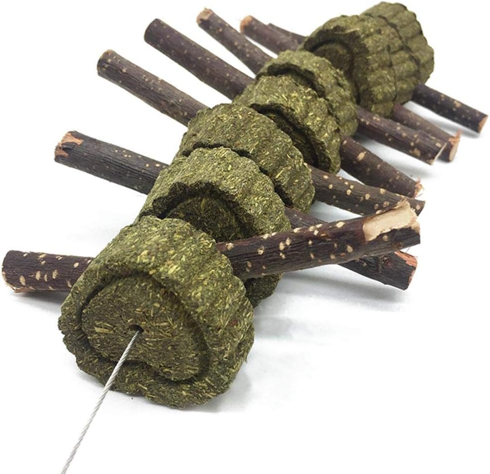 Bunny Chew Toys for Teeth, Organic Apple Wood Molar Sticks with Timothy Hay Circles for Bunny Chinchilla Guinea Pig Hamsters Holland Lop Prairie Dogs Squirrels Gerbils, Improves Dental Health
