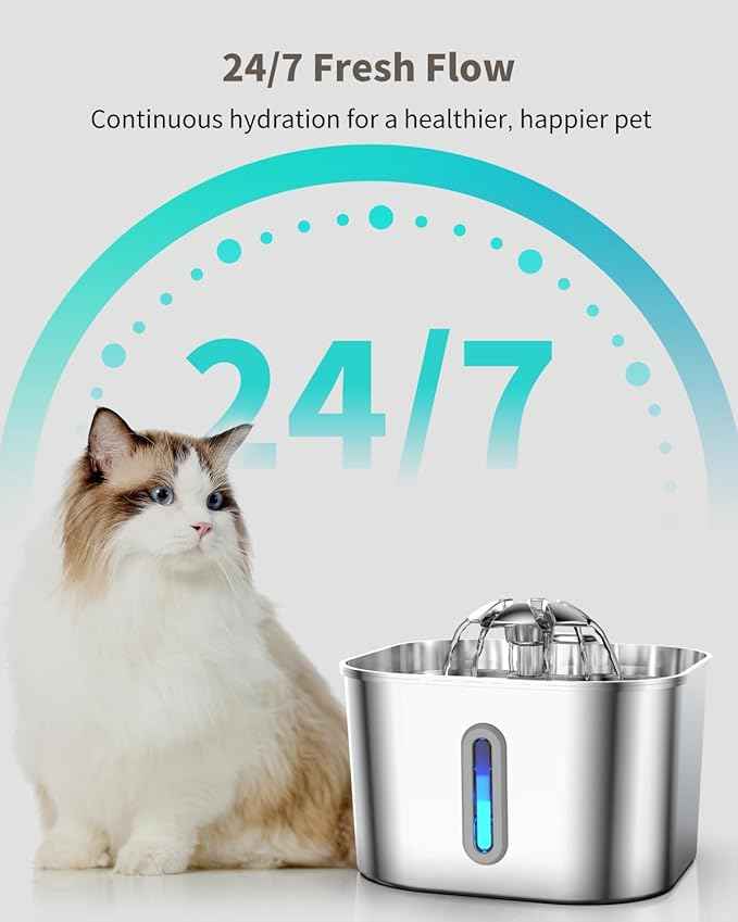 Cat Water Fountain Stainless Steel with 4 Filters & 4 Sponges, 74oz/2.2L Cat Fountain with Quiet Pump, Automatic Pet Water Dispenser, Ideal for Multi-pet Homes, Fresh & Clean Water for Cats and Dogs