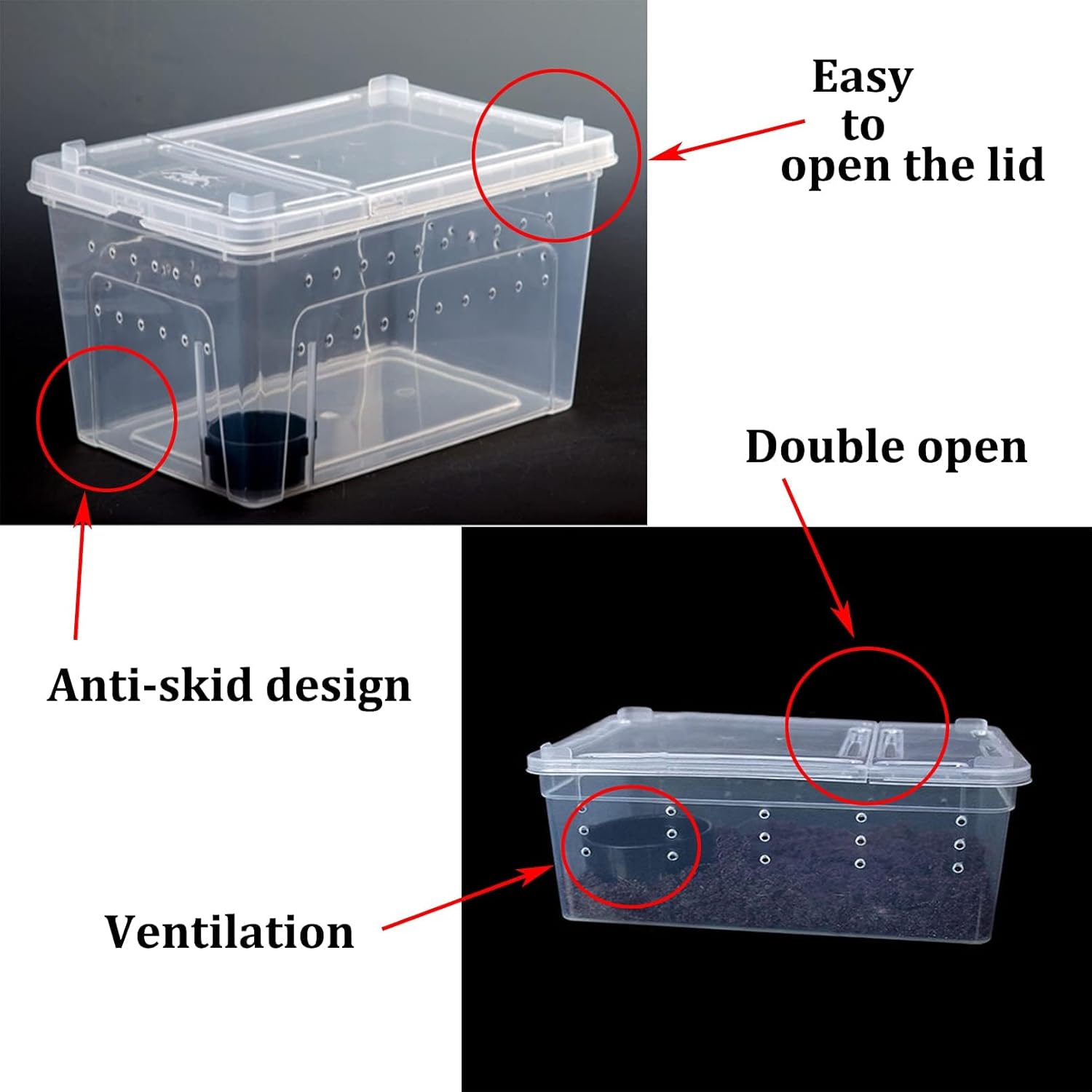 Critter Keeper 2-Pack, Cricket Cage & Reptile Feeding Box 12.59"x8.66"x5.9" Transparent Portable Plastic Snake Habitat Escape-Proof Ventilated Design for Gecko, Tarantula, Scorpion, Spider, Frog - FurryFun