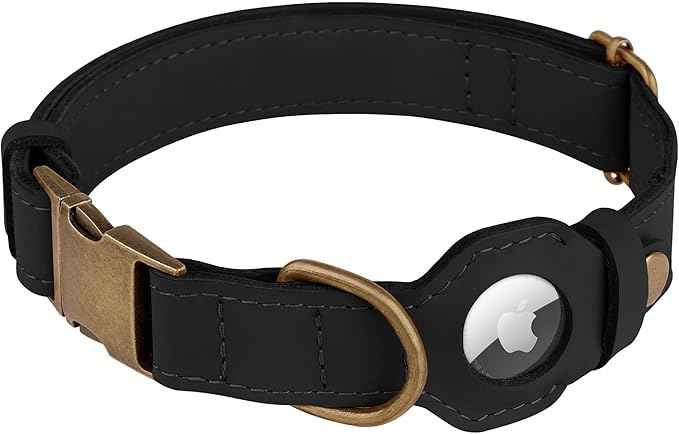 AirTag Dog Collar - Genuine Leather Dog Collar with Apple AirTag Holder and Metal Buckle - Smart GPS Tracking Pet Collars (Black, L, 17"-21" Neck Fit)