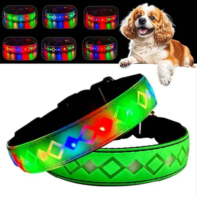 LED Dog Collar with AirTag Holder and Custom ID Tag, 15 Light Modes, Waterproof, Multiple Colors (Green Pro, M(11.8-15.7"))