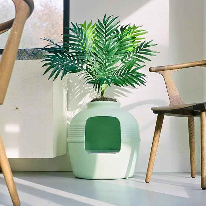 Good Pet Stuff Hidden Litter Box Planter, Decorative Cat Litter Enclosure with Carbon Filter, Artificial Plant, Easy Clean, Removable Liner, Round Style, Essentials Kit, Sage Green
